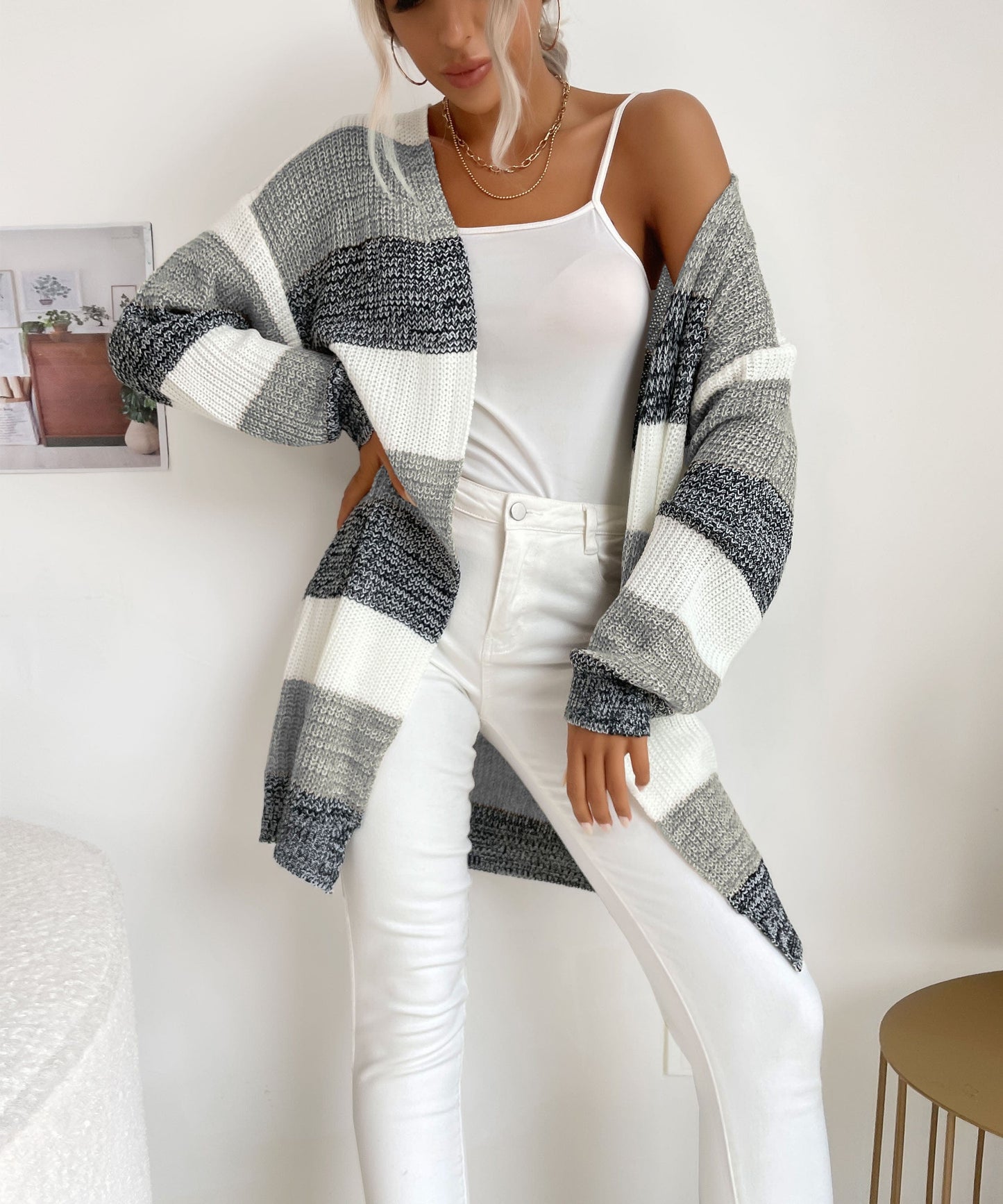 Womens Color Block Sweater Coat Outwear Long Sleeve Open Front Loose Knitted Cardigan Sweaters