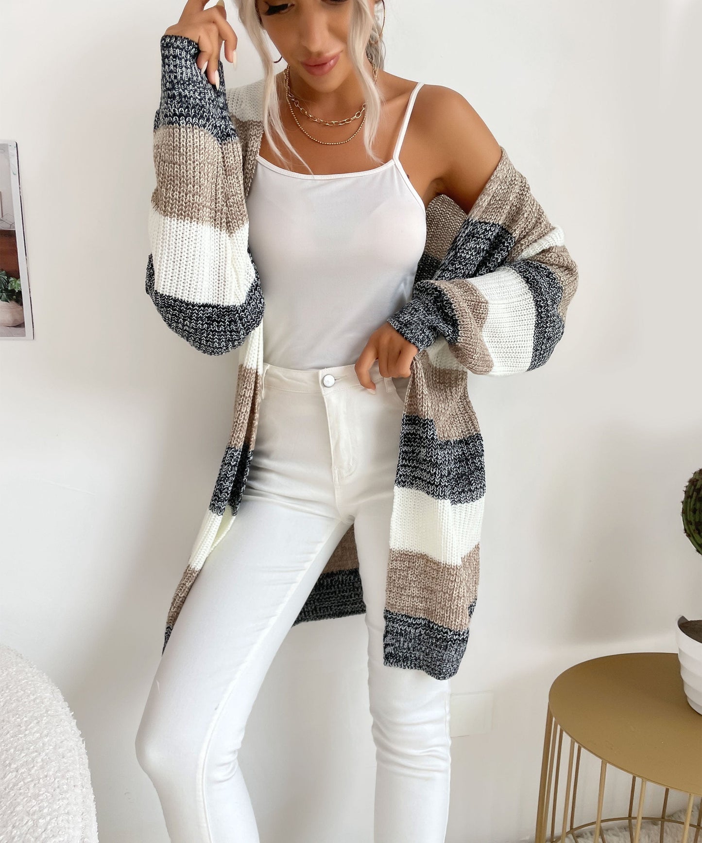 Womens Color Block Sweater Coat Outwear Long Sleeve Open Front Loose Knitted Cardigan Sweaters