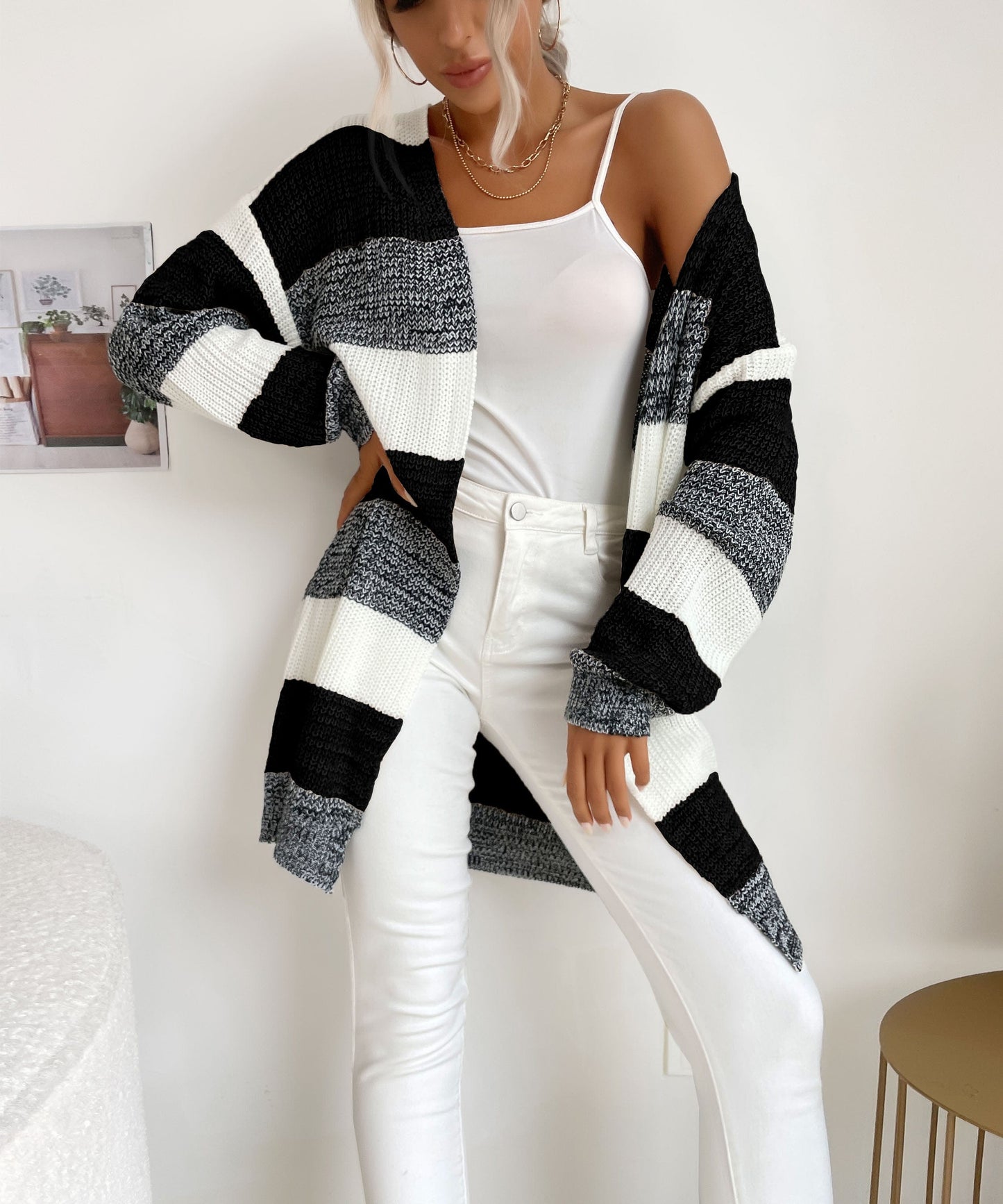 Womens Color Block Sweater Coat Outwear Long Sleeve Open Front Loose Knitted Cardigan Sweaters