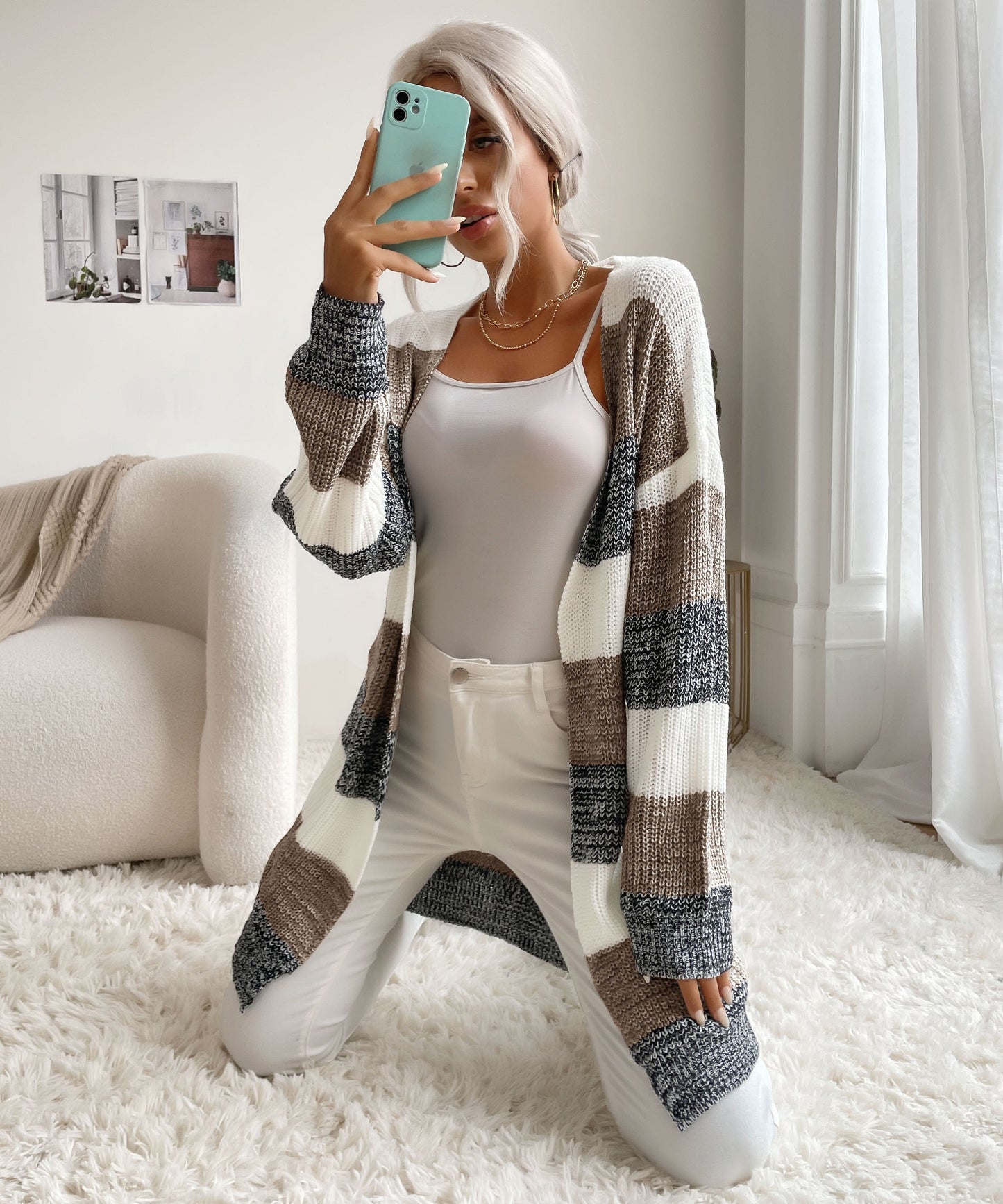 Womens Color Block Sweater Coat Outwear Long Sleeve Open Front Loose Knitted Cardigan Sweaters