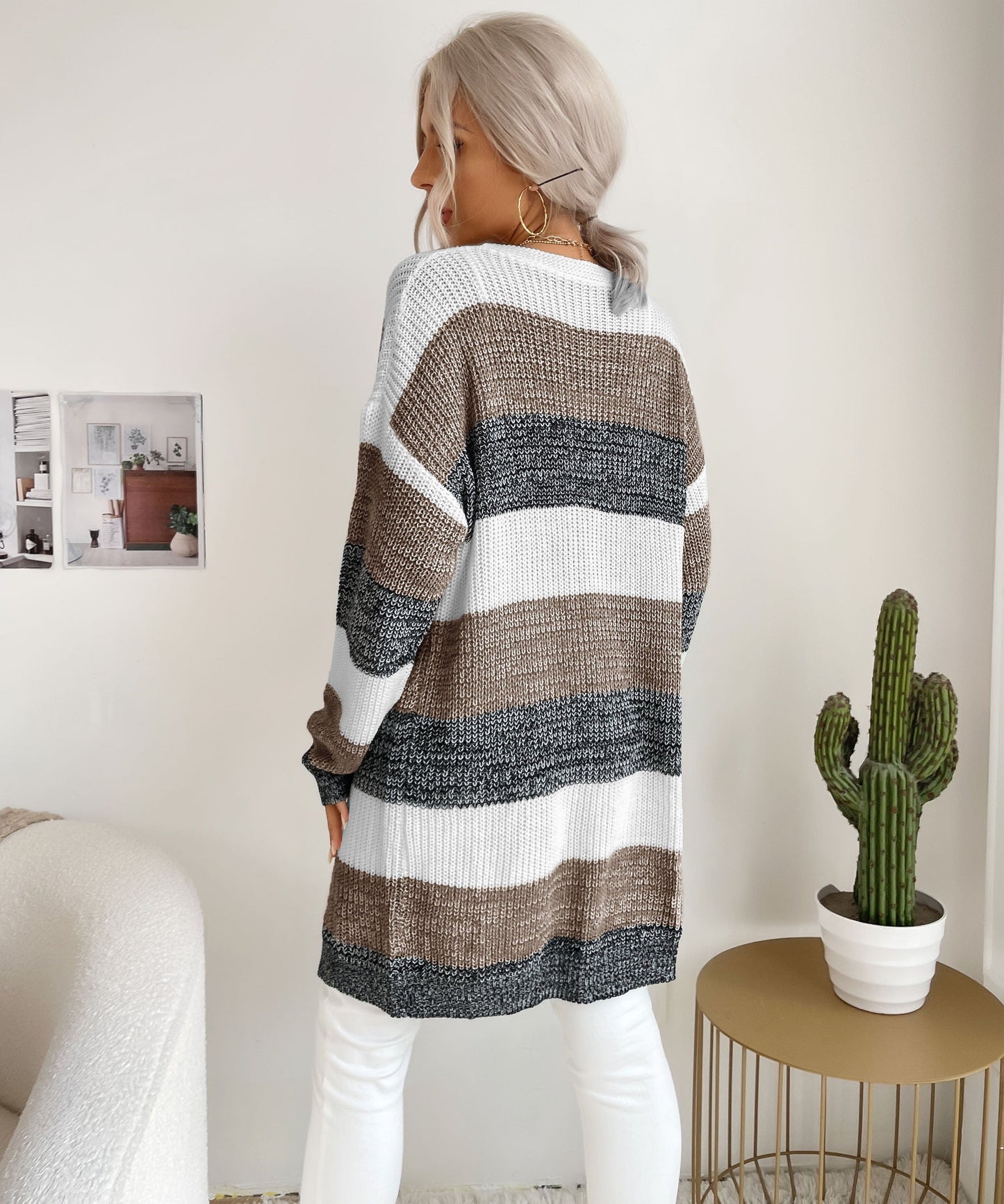 Womens Color Block Sweater Coat Outwear Long Sleeve Open Front Loose Knitted Cardigan Sweaters