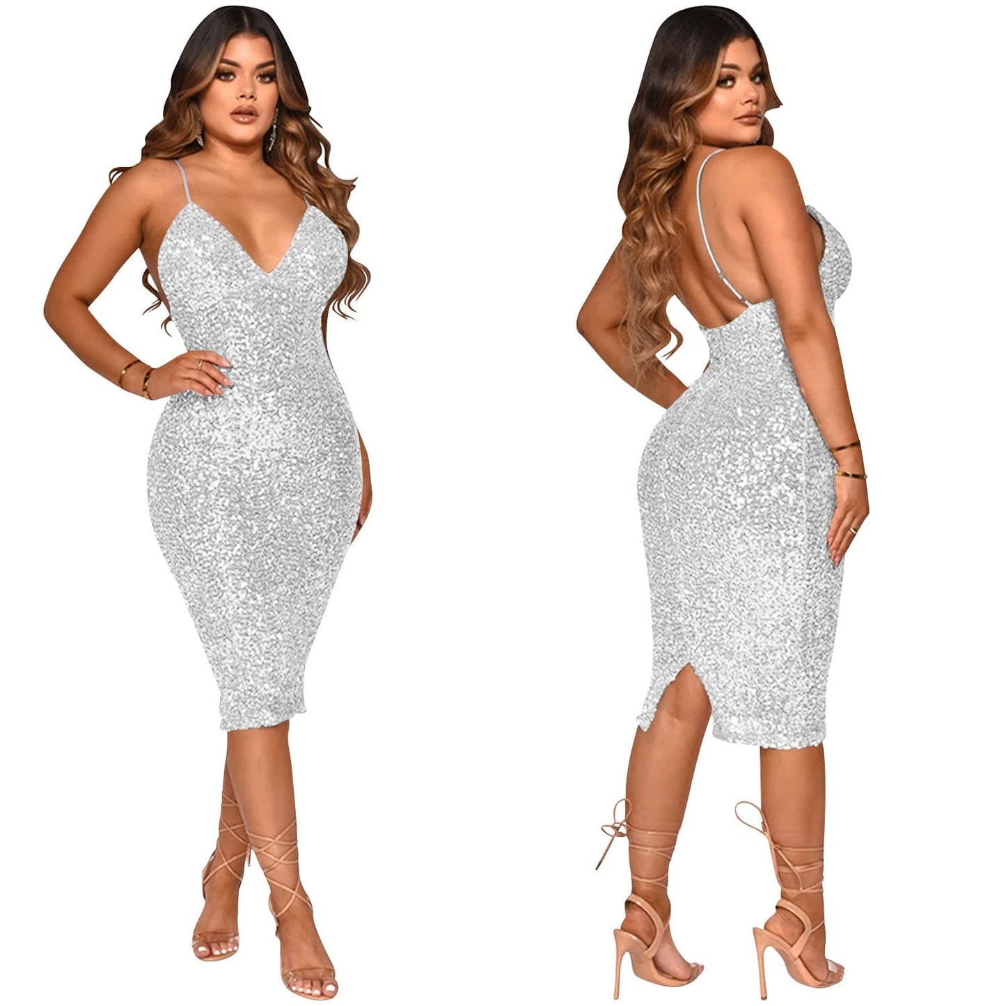 Womens Dresses 2022 Elegant Backless Sexy Sequined Sling Club Midi Dress Lady Low Cut Bodycon Shinny Solid Color Dresses