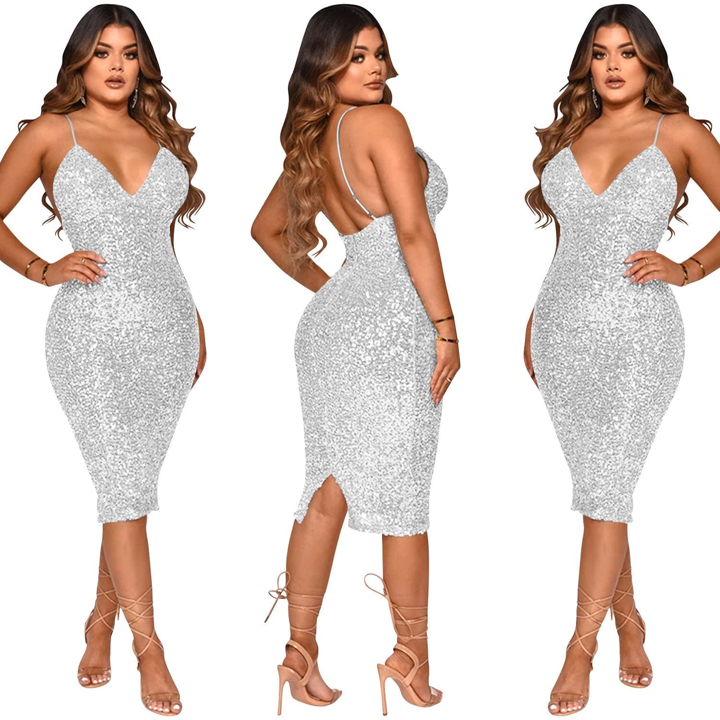 Womens Dresses 2022 Elegant Backless Sexy Sequined Sling Club Midi Dress Lady Low Cut Bodycon Shinny Solid Color Dresses