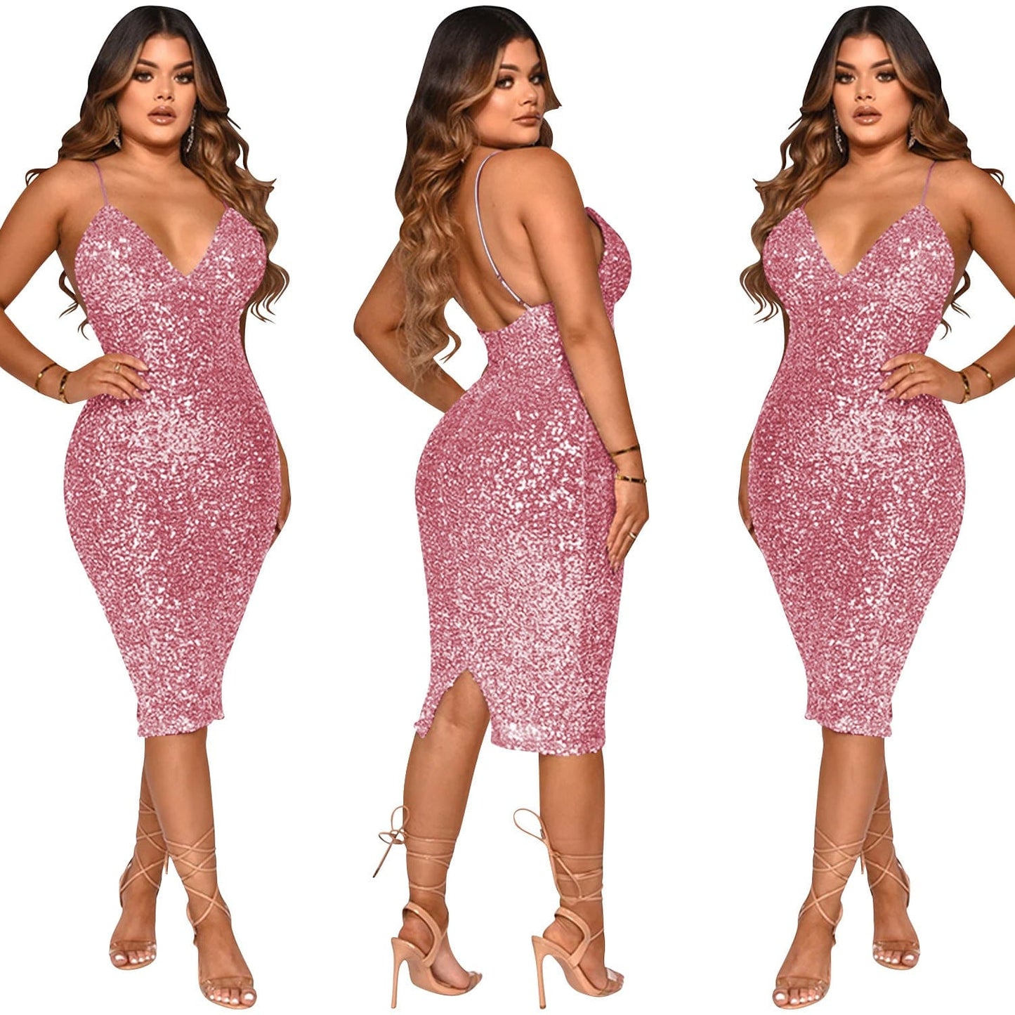 Womens Dresses 2022 Elegant Backless Sexy Sequined Sling Club Midi Dress Lady Low Cut Bodycon Shinny Solid Color Dresses