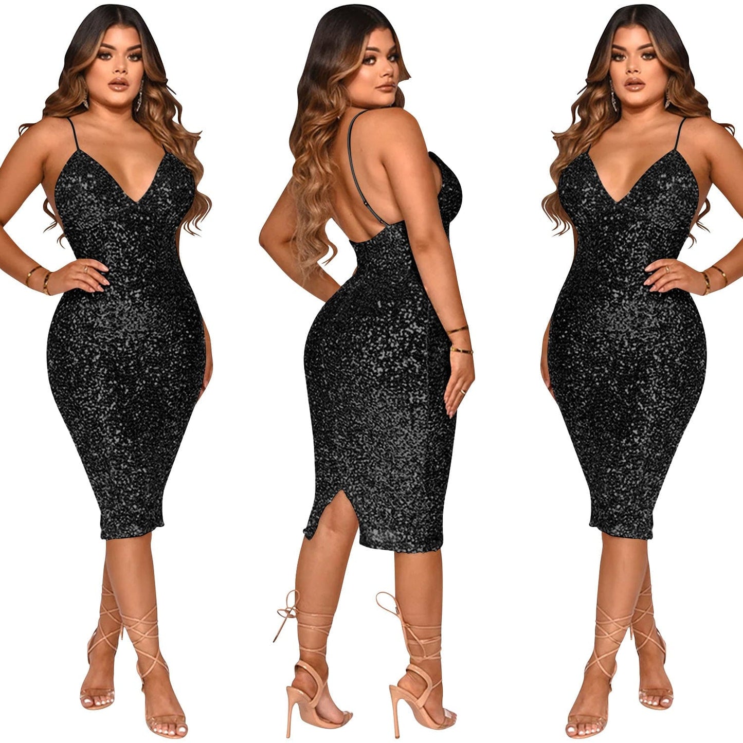 Womens Dresses 2022 Elegant Backless Sexy Sequined Sling Club Midi Dress Lady Low Cut Bodycon Shinny Solid Color Dresses