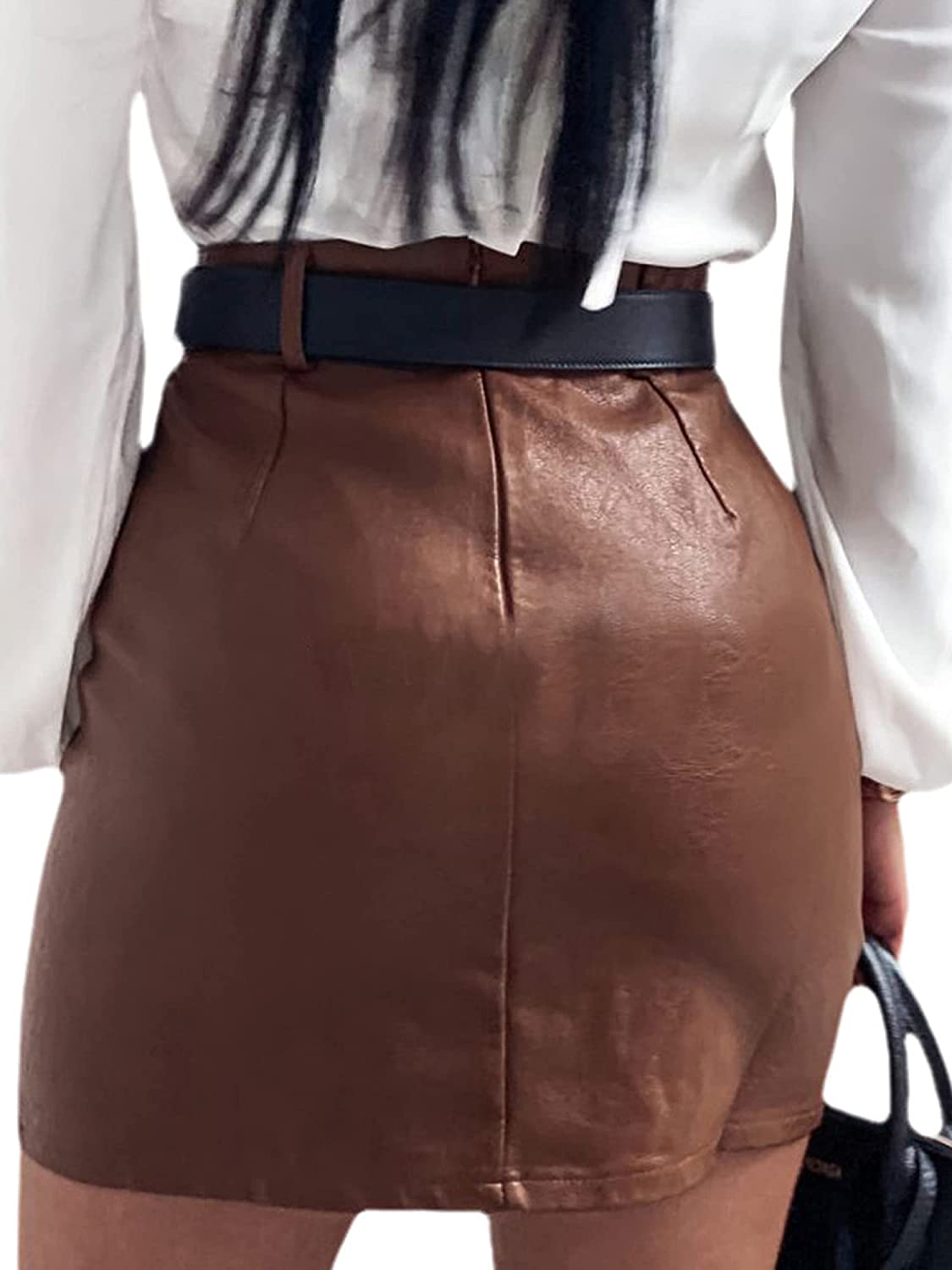 Womens Faux Leather Short Mini Skirt High Waist Rhinestone Studded Bodycon Pencil Skirt