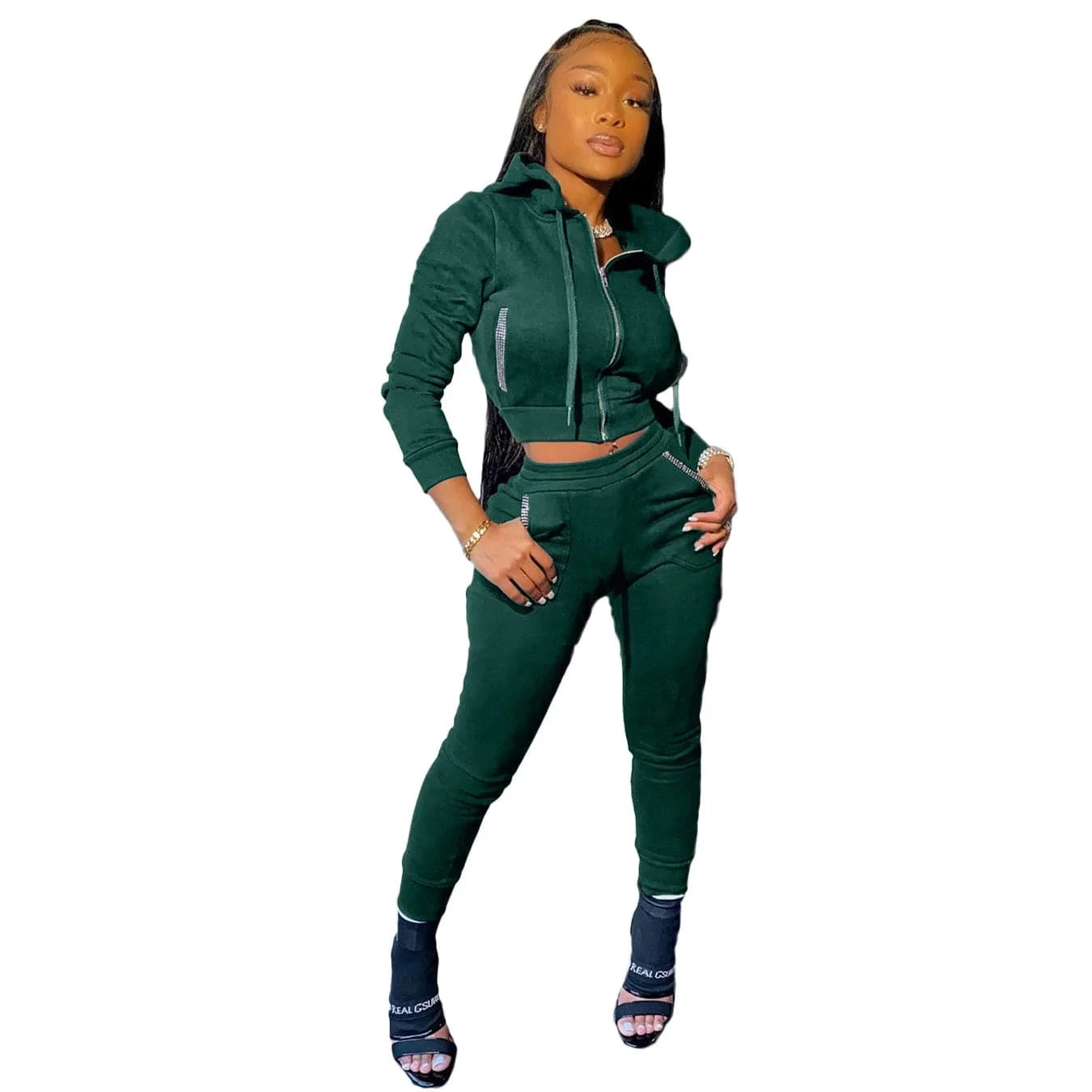 Womens Joggers 2 Piece Crop Top Hoodie Set Diamond Jogging Tracksuit Winter Sweat Suit Ladies Two Piece Pants Outfit
