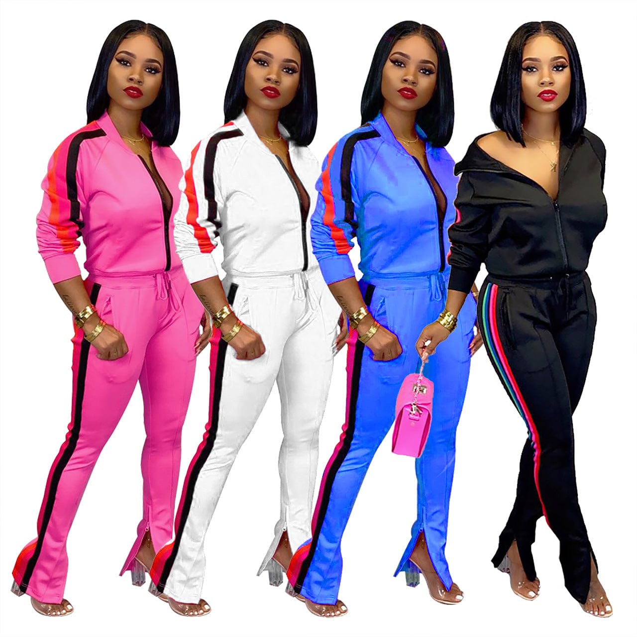 Womens Set Two Piece Outfits Sweatsuit Crop Top Skinny Zipper Long Pants Tracksuits Jogging Suits Jumpsuit