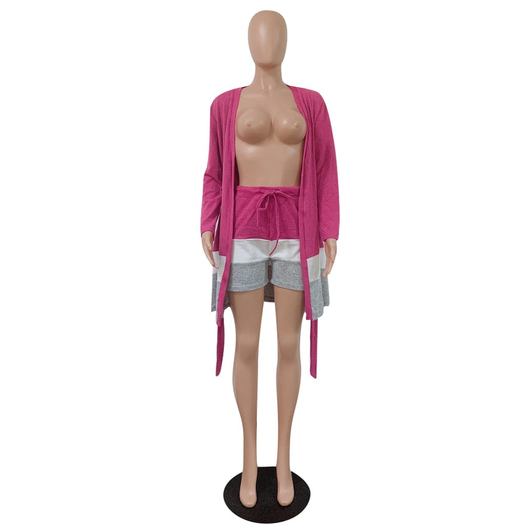 Womens Sets Sweater Two Piece Short Pants Set Casual Three Tone Stripe Print Belted 2pc Outfits with Long Sleeve Cardigan