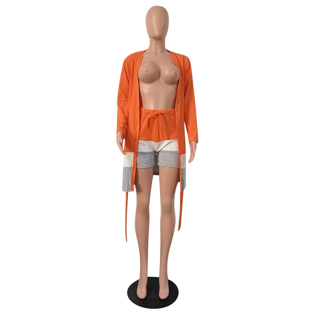 Womens Sets Sweater Two Piece Short Pants Set Casual Three Tone Stripe Print Belted 2pc Outfits with Long Sleeve Cardigan