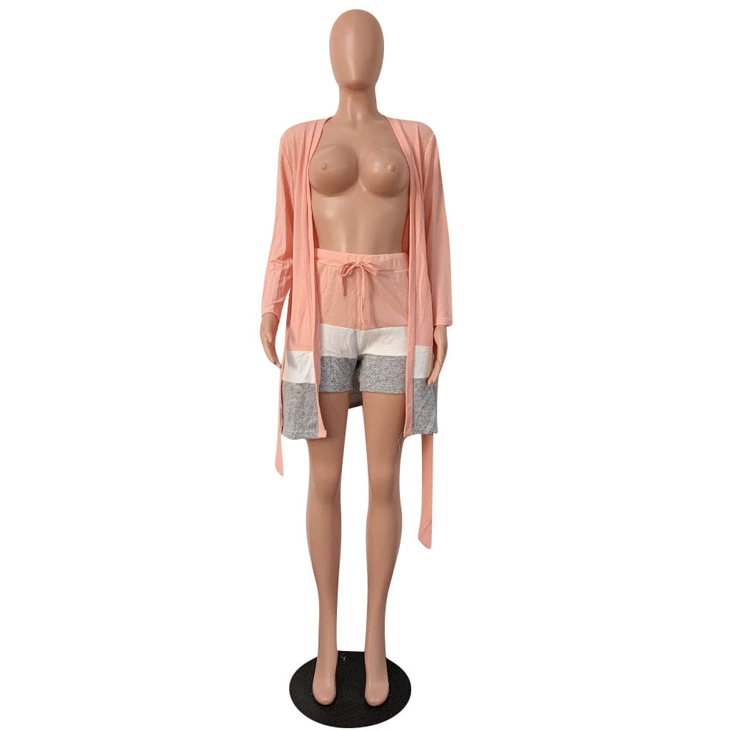 Womens Sets Sweater Two Piece Short Pants Set Casual Three Tone Stripe Print Belted 2pc Outfits with Long Sleeve Cardigan