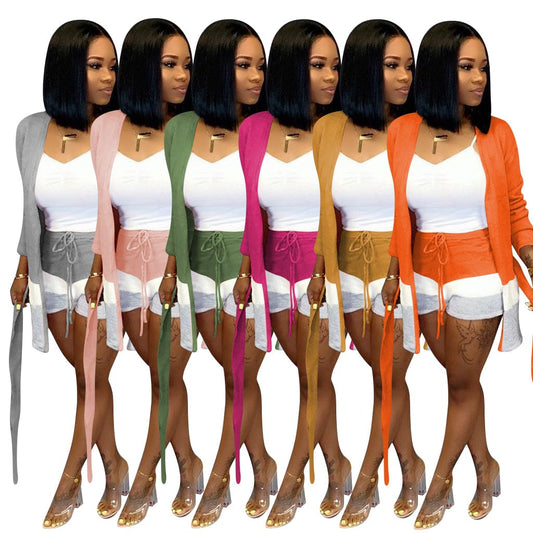 Womens Sets Sweater Two Piece Short Pants Set Casual Three Tone Stripe Print Belted 2pc Outfits with Long Sleeve Cardigan