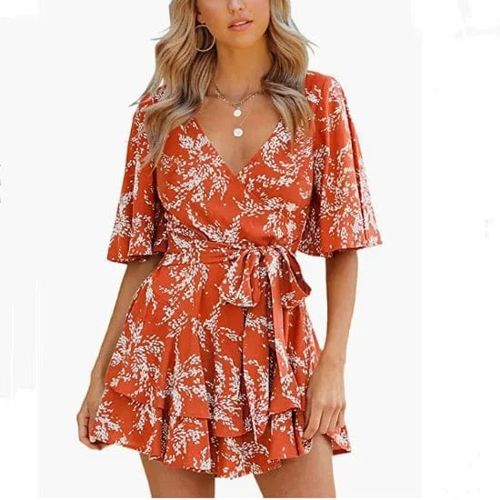 Womens Summer Short Sleeve V Neck Floral Print Dress New Women Chiffon Belt Dress