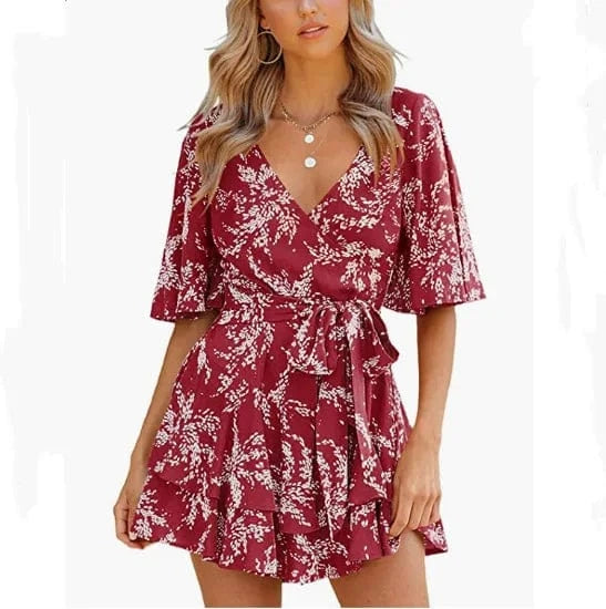 Womens Summer Short Sleeve V Neck Floral Print Dress New Women Chiffon Belt Dress