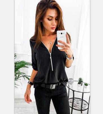 Womens t-shirts zipper girl fashion v-neck Casual Tops Shirt Ladies V Neck Zipper Loose T-shirt female blusas Tee Top