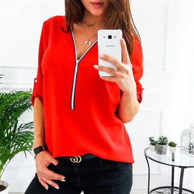 Womens t-shirts zipper girl fashion v-neck Casual Tops Shirt Ladies V Neck Zipper Loose T-shirt female blusas Tee Top