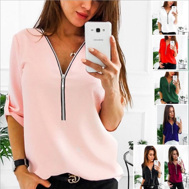 Womens t-shirts zipper girl fashion v-neck Casual Tops Shirt Ladies V Neck Zipper Loose T-shirt female blusas Tee Top
