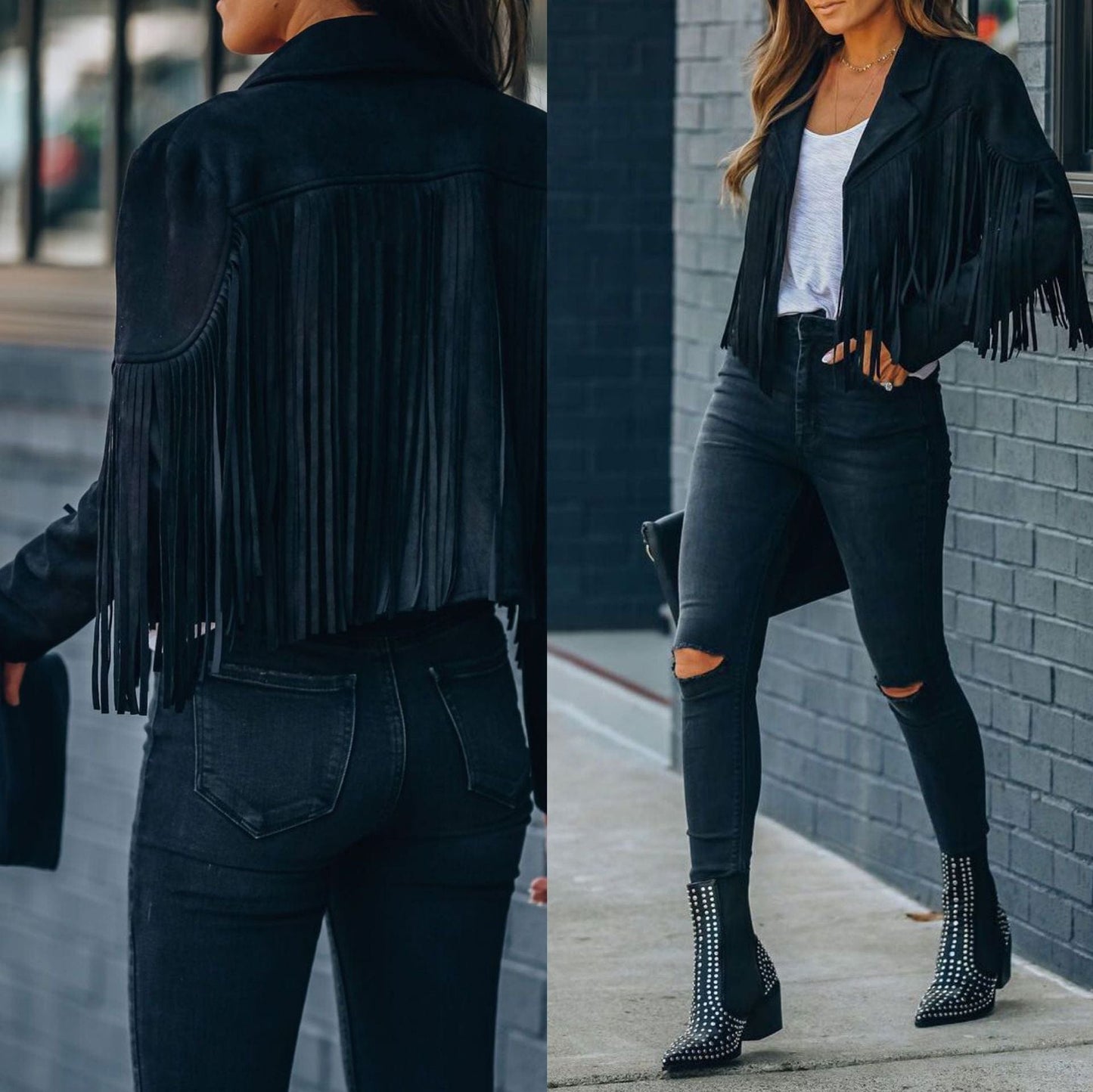 Womens Vintage Lapel Long Sleeve Fringe Cropped Hippie Motor Biker Cardigan Outwears Faux Suede Tassel Jacket