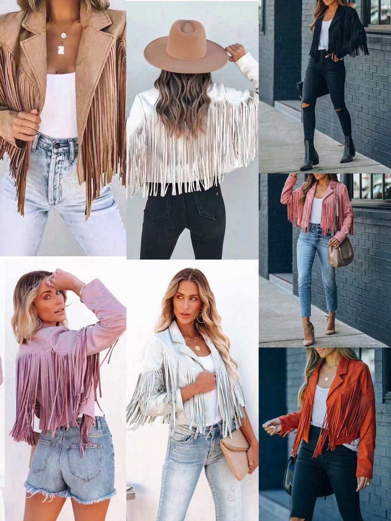 Womens Vintage Lapel Long Sleeve Fringe Cropped Hippie Motor Biker Cardigan Outwears Faux Suede Tassel Jacket