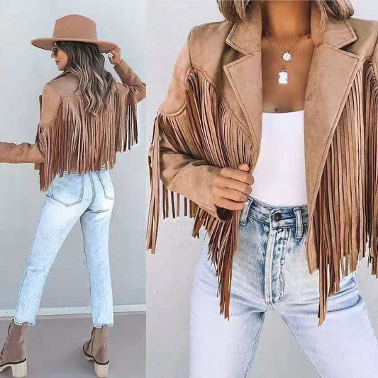 Womens Vintage Lapel Long Sleeve Fringe Cropped Hippie Motor Biker Cardigan Outwears Faux Suede Tassel Jacket