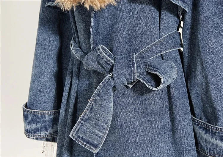Womens Winter Warm Removable Fur Collar Long Jean Jacket Denim Maxi Oversize Jacket Trench Coat with Belt