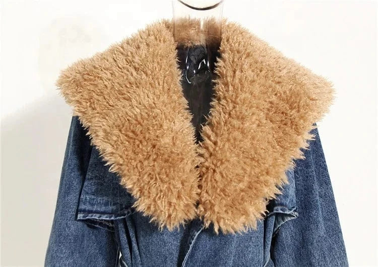 Womens Winter Warm Removable Fur Collar Long Jean Jacket Denim Maxi Oversize Jacket Trench Coat with Belt