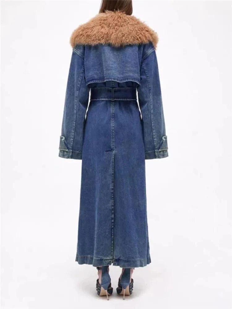 Womens Winter Warm Removable Fur Collar Long Jean Jacket Denim Maxi Oversize Jacket Trench Coat with Belt