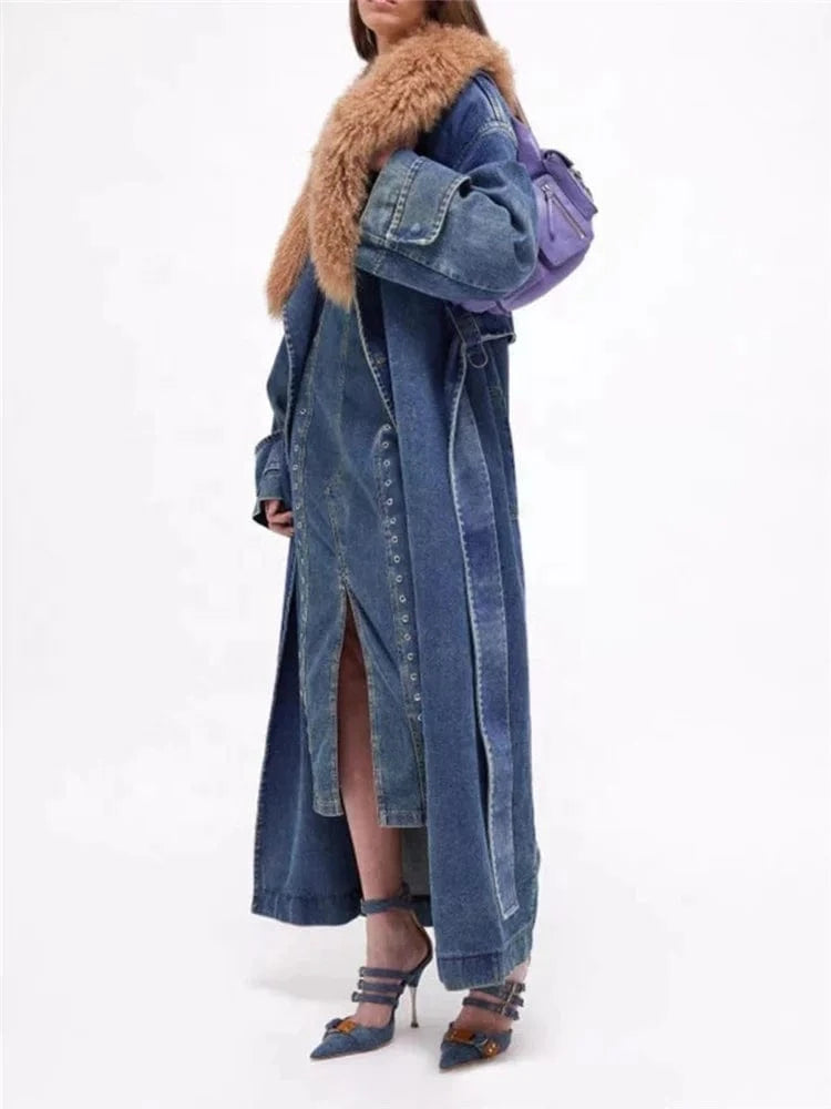 Womens Winter Warm Removable Fur Collar Long Jean Jacket Denim Maxi Oversize Jacket Trench Coat with Belt