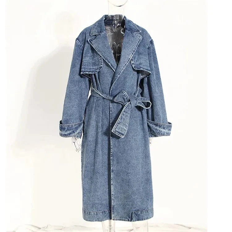 Womens Winter Warm Removable Fur Collar Long Jean Jacket Denim Maxi Oversize Jacket Trench Coat with Belt