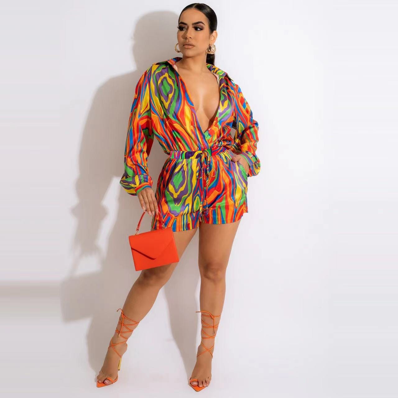 XL / 01 J&H 2023 new arrivals colorful printed long sleeve shirts shorts women fashion fall clothes casual streetwear