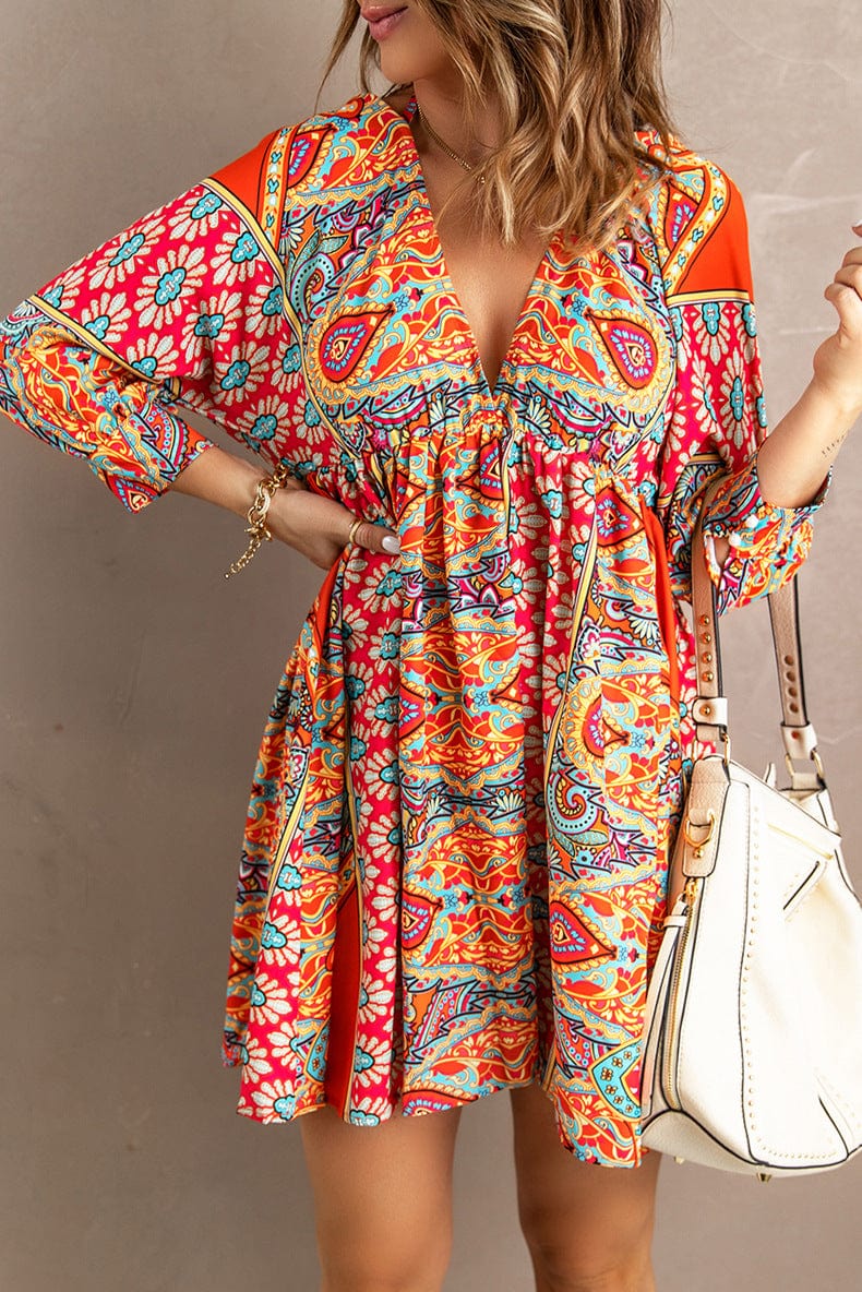 XL / 1 Low Moq American Clothing Wholesale Vestido Women Vintage Floral Print V Neck Cut-Out Ruffle Mini Bohemian Boho Dress