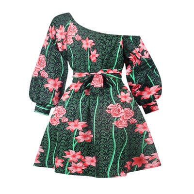 XL / 1 Summer S-XL hot sale two-wear sexy slanted shoulder elastic shrink dress short digital printing fluffy dress