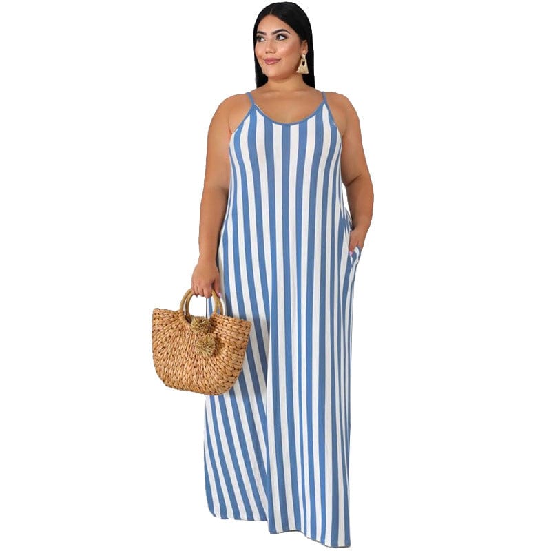 XL / 3 casual dress summer plus size women's striped loose belted suspender plus size dress summer maxi dresses women