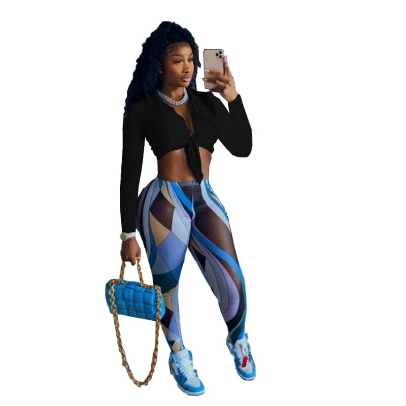 XL / #4-black 2022 Fall long sleeve crop top two piece pants set fashion printed women leggings and top set