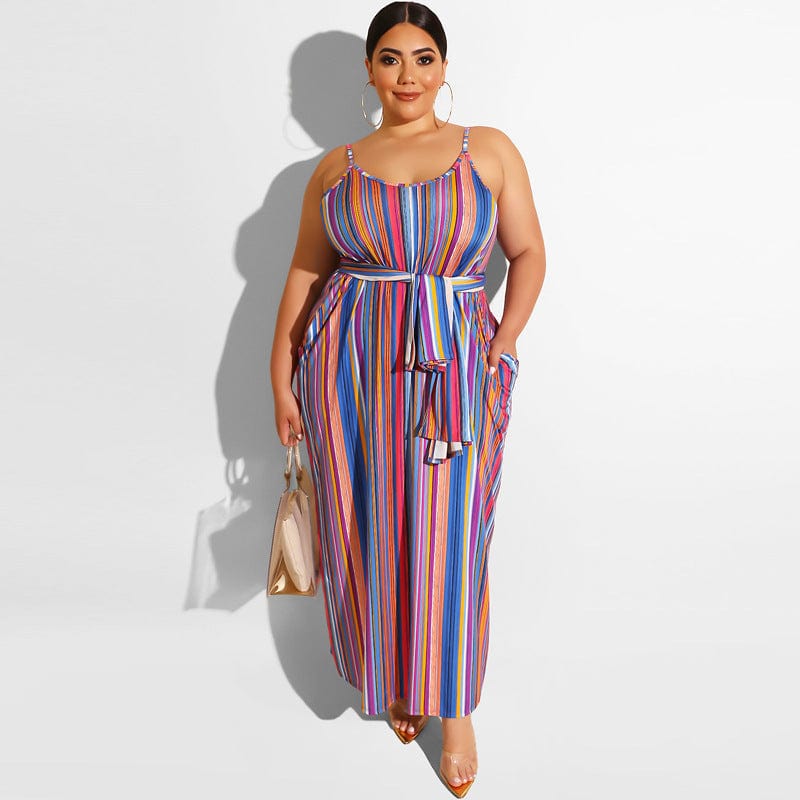 XL / 5 casual dress summer plus size women's striped loose belted suspender plus size dress summer maxi dresses women
