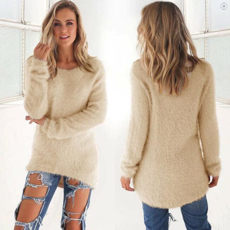 XL / Apricot 2022 Fall Fashion Ladies Solid Color Fleece Loose Sweater Top Women Winter Crewneck Long Sleeve Pullover Warm Sweaters for Woman