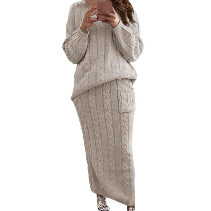 XL / apricot S-5XL Plus Size Women Clothing Lady Sweater 2 Pieces Set Casual Oversized Cable Knit Two Piece Sweater Skirt Dress Set Women