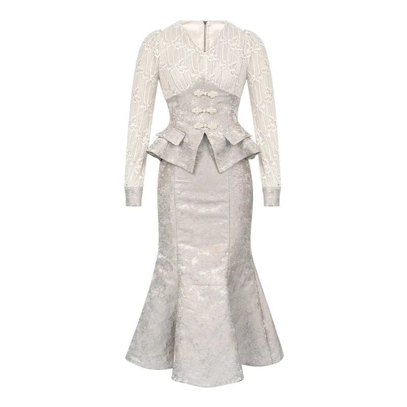 XL / Apricot ZYHT 11208 Jacquard Clothes Matching Long Sleeve Two Piece Set Women Clothing Long Fishtail Skirt Set 2 Pieces