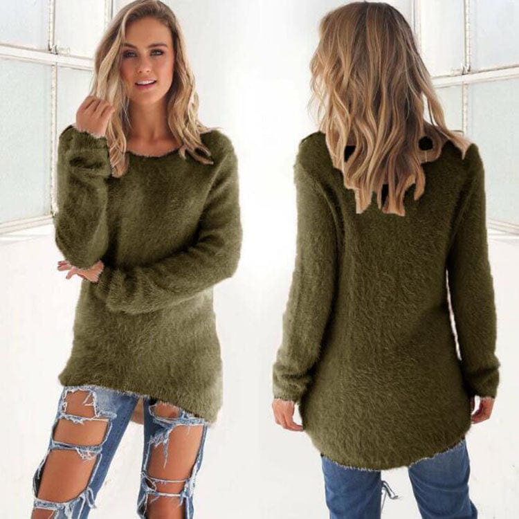 XL / Army Green 2022 Fall Fashion Ladies Solid Color Fleece Loose Sweater Top Women Winter Crewneck Long Sleeve Pullover Warm Sweaters for Woman