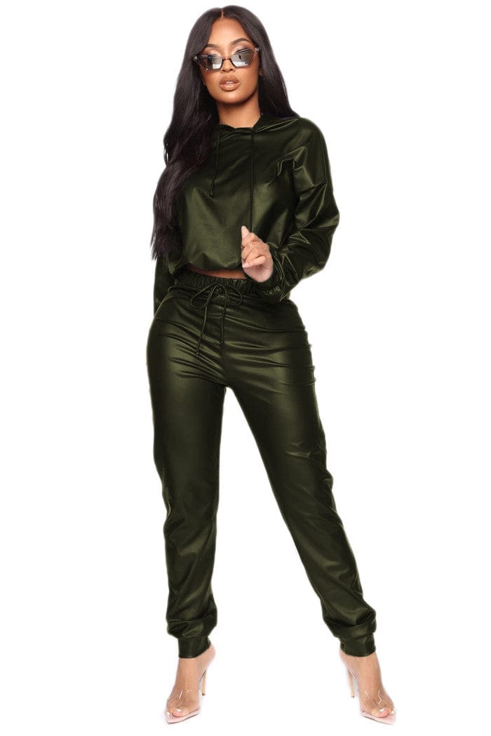 XL / Army Green M2502-spring sets women 2023 pu leather set women clothing solid color casual outfits