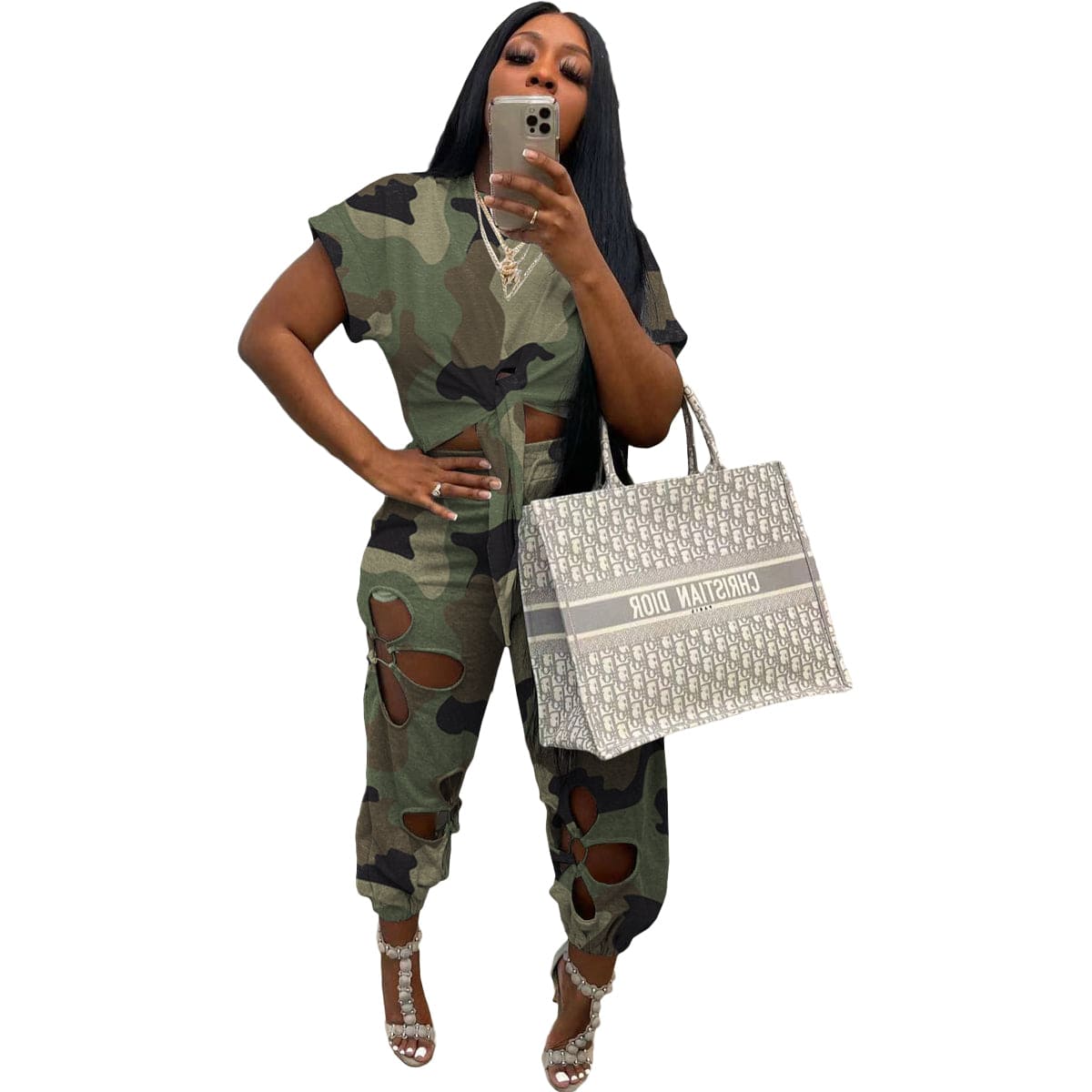 XL / Army Green New Fashion Camouflage Printed Pocket Casual Sport Women Clothing Two Piece Set