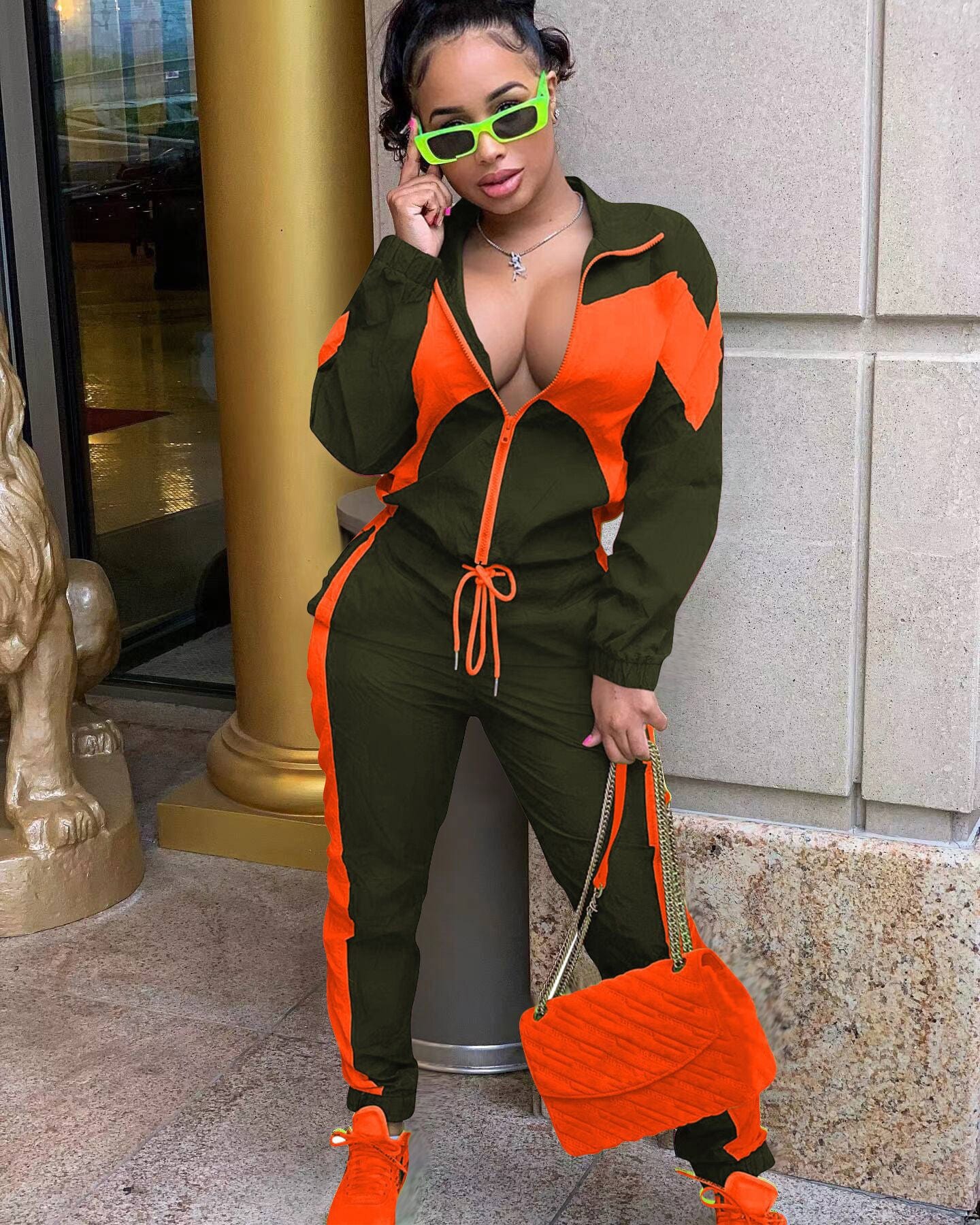 XL / Army Green Sharee spring 2023 women s clothing Contrast Color female sweatsuits ladies track suit 2 piece set