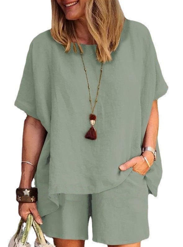 XL / Army Green summer plus size women's clothing women linen sleek loose fit short sleeve shorts two piece ladies sets