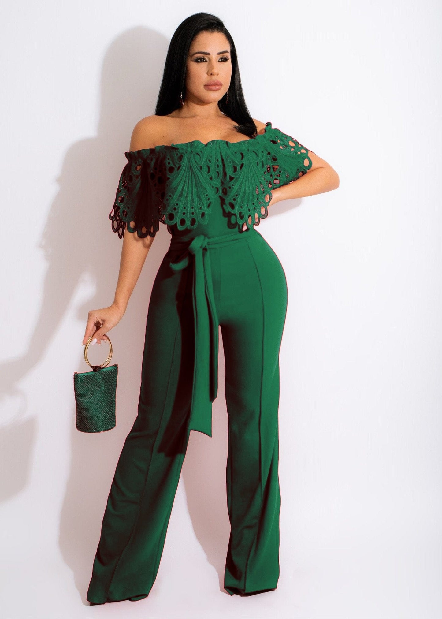 XL / Army Green Trendy Women Clothes Women Slim Ruffle Off Shoulder Short Sleeve Solid Long Pants Jumpsuit with Belt Beauty Forever