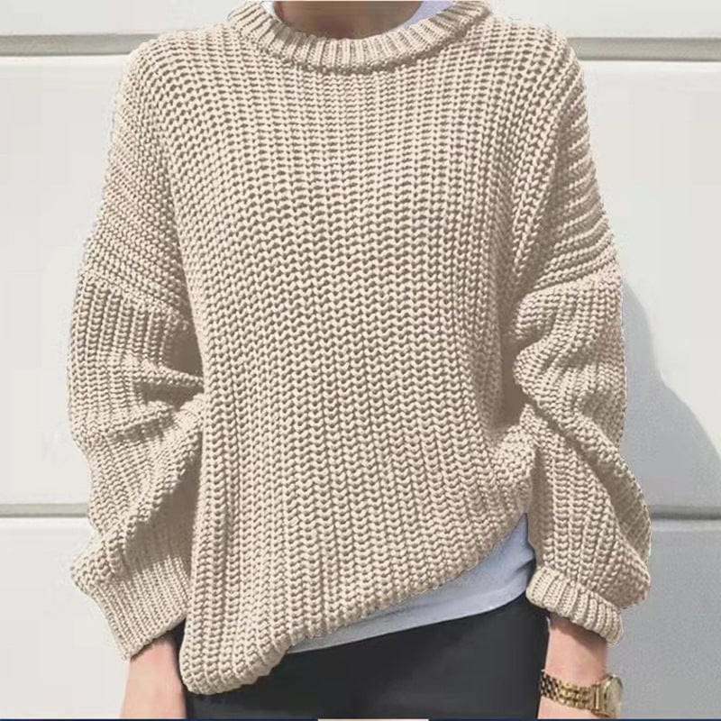 XL / Beige 2022 Women's Clothing Street Casual Loose Solid Color Round Neck Long Sleeve Knitted Sweater Pullover