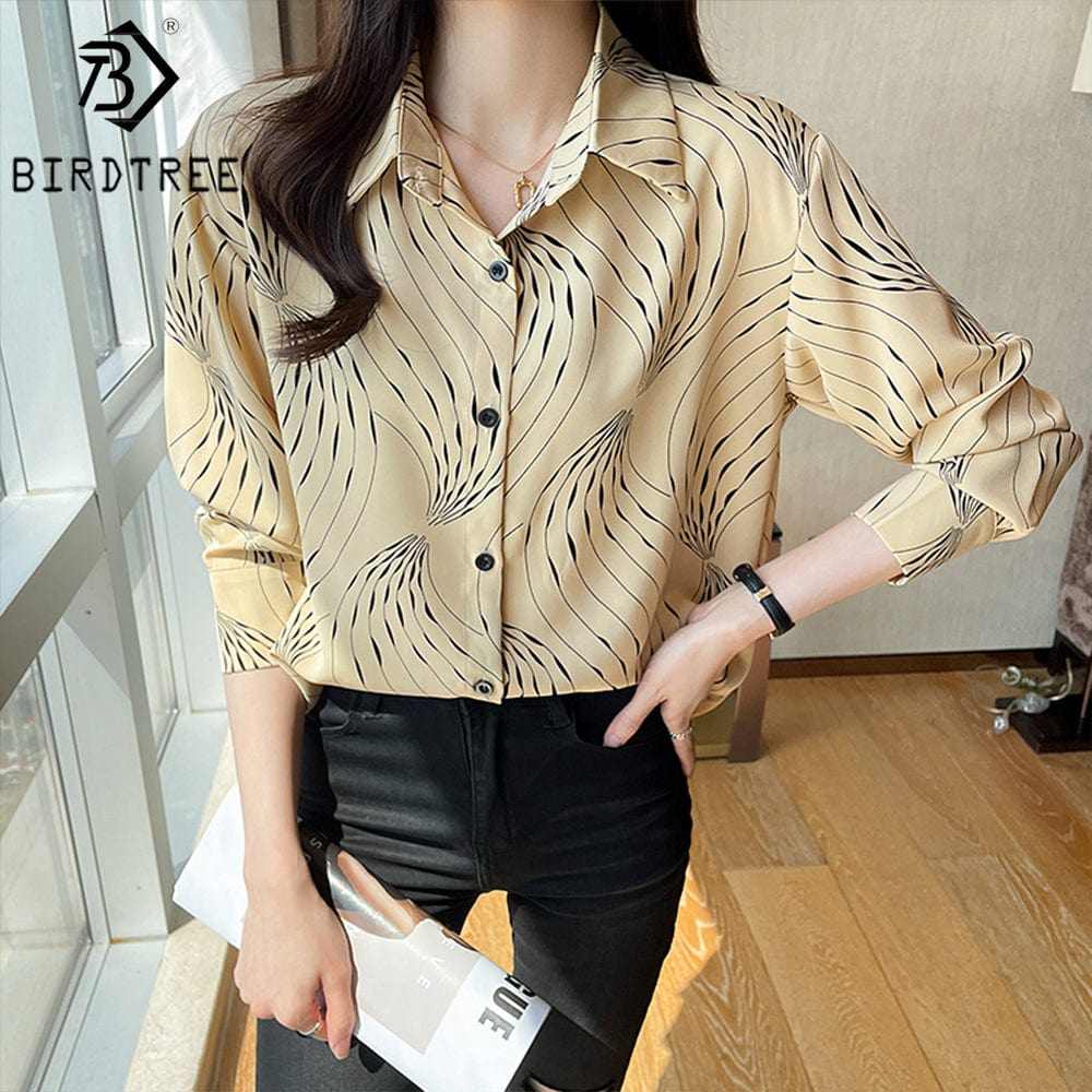 XL / Beige Factory Sale Women Geometry Printing Shirt 2022 Autumn New Style Long Sleeves Female Cheap Clothes Blouses Tops T27611X