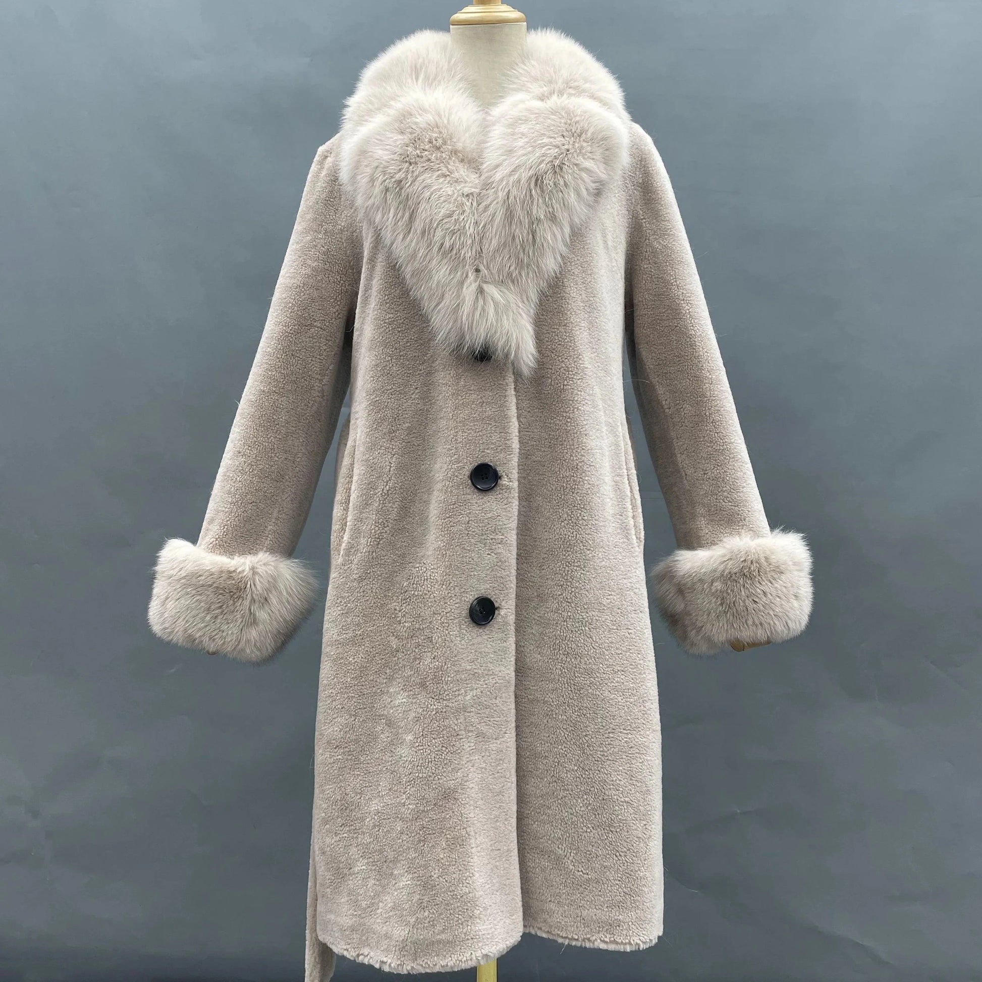 XL / Beige Hot Sale Fashion Winter Sheep Shearling Jacket Women Fox Fur Collar Real Lamb Wool Coat