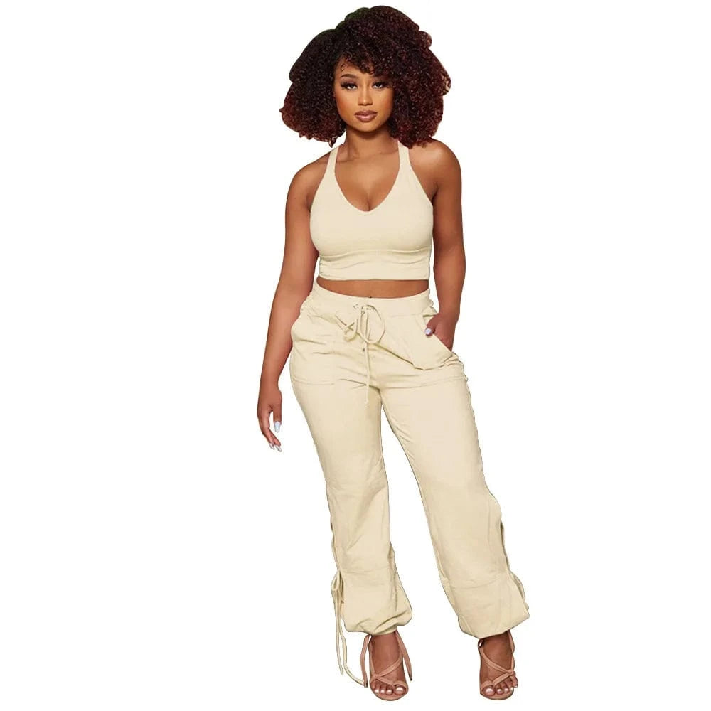 XL / Beige Womans Clothing Tracksuit Summer Two Piece Crop Top Set Club Outfits Joggers Pants Two Piece Pants Set