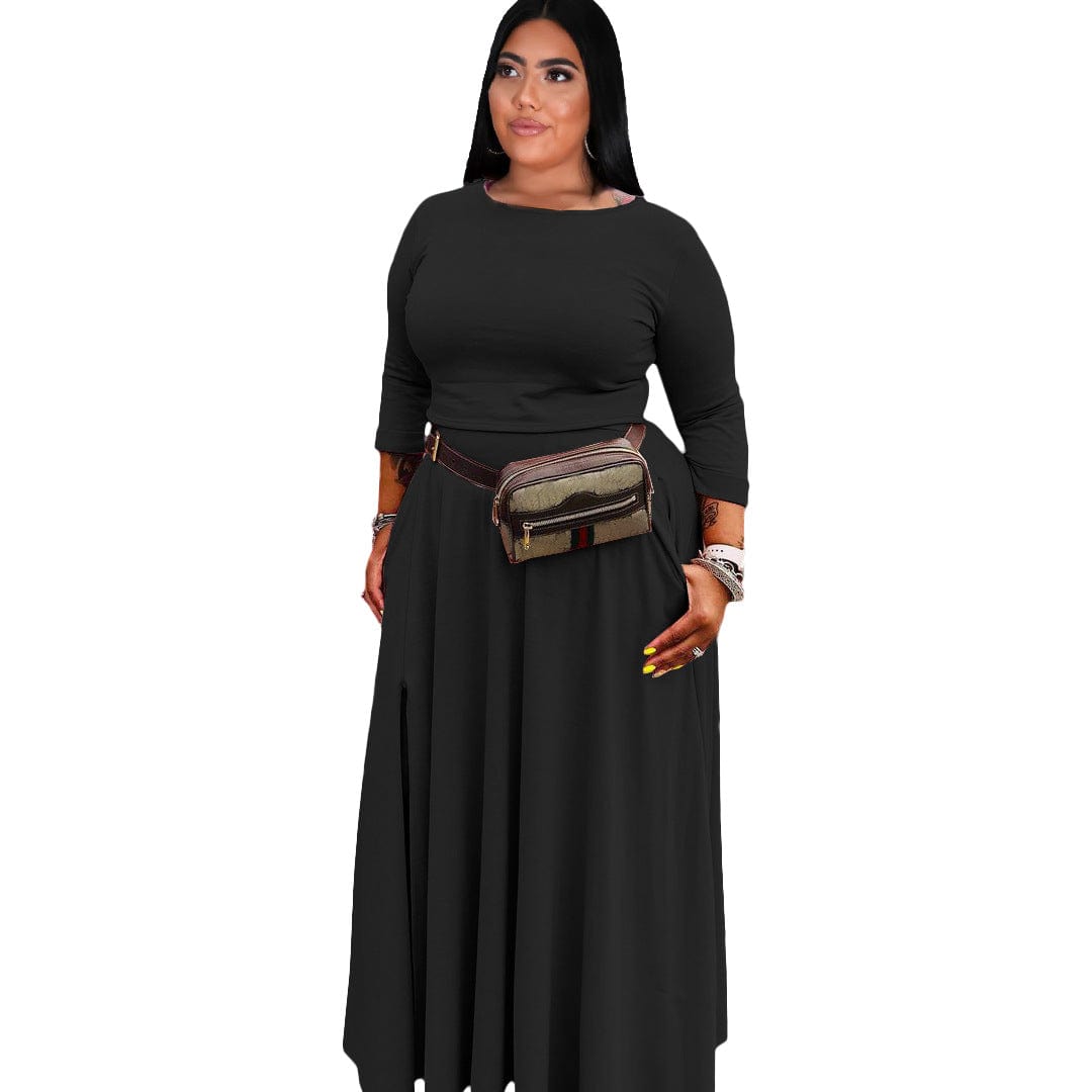 XL / black 2 Piece Sets Women Plus Size Fashion Casual Solid Basic O Neck Plus Size Two Pieces Skirts Set