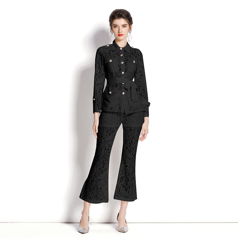 XL / black 2022 Hollow Lace Workwear Shirt + Brake Pants Set XY6941090